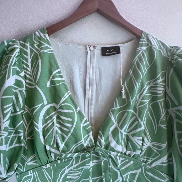 VICI Green Linen Blend Puff Sleeve Fit and Flare Mini Dress Women's Size X-Large - Picture 3 of 9